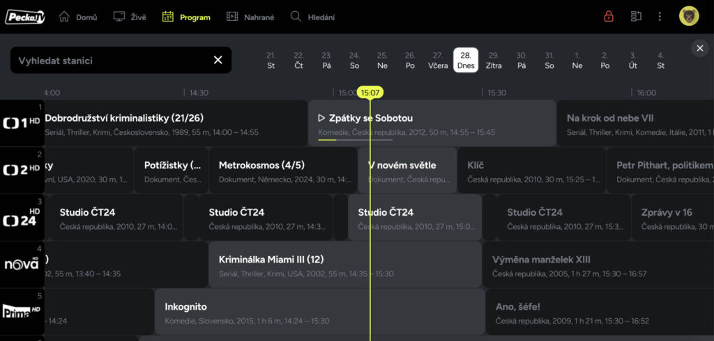 Uživatelské rozhraní Pecka.TV - Televizní program