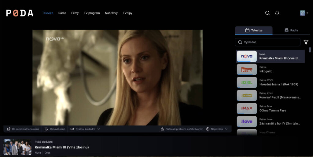Přehrávač internetové televize Poda.cz